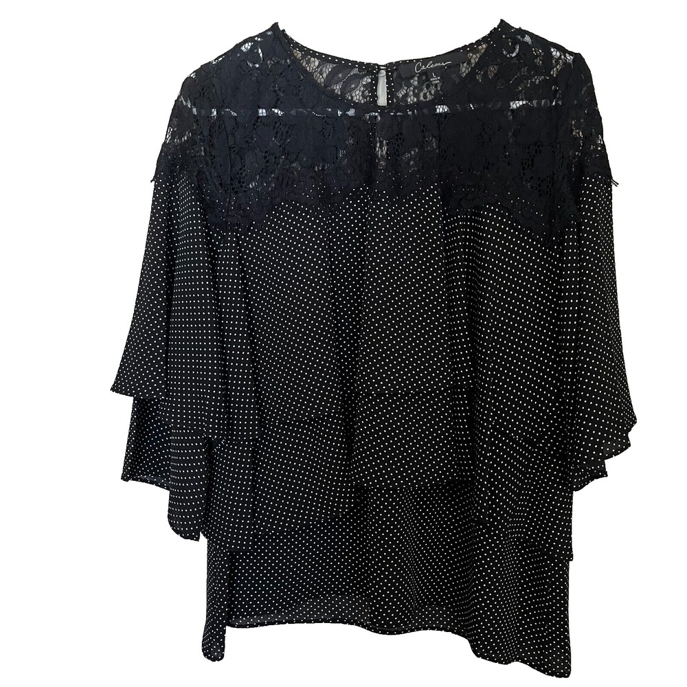 Women's L‎ Black Lace Polka Dot Top Tiered Ruffle Artsy Flowy Romantic Feminine